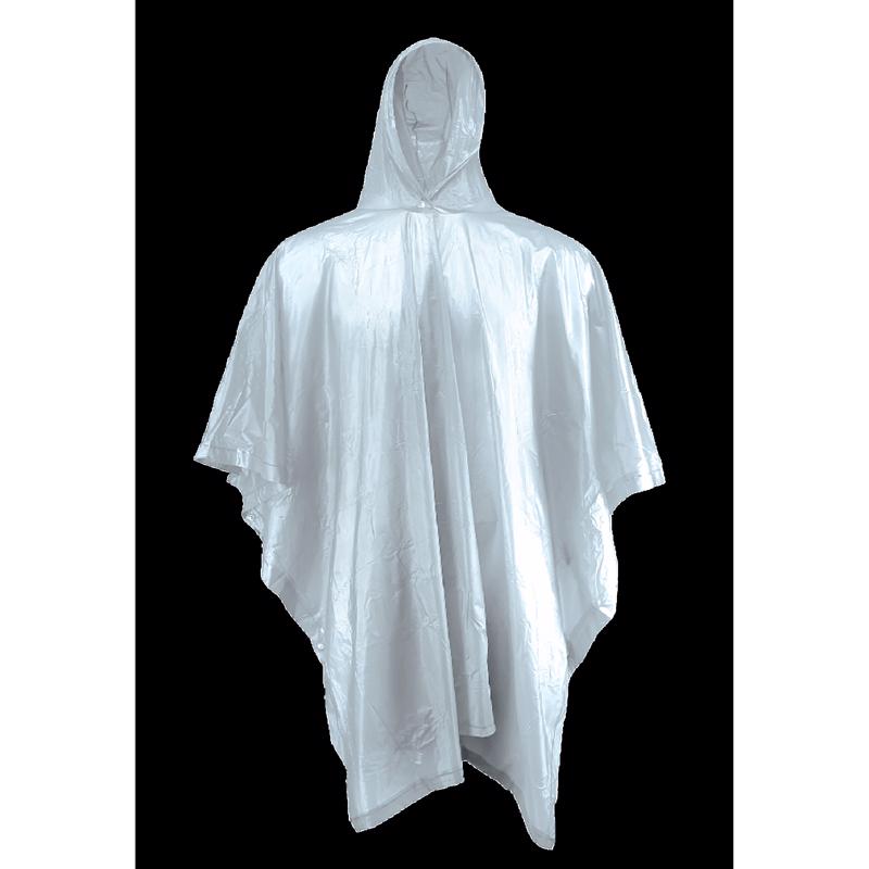 Clear PVC rain poncho by Emery Jensen, unisex waterproof poncho with hood, ideal for rain protection and outdoor use.
