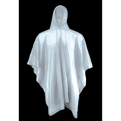 Clear PVC rain poncho by Emery Jensen, unisex waterproof poncho with hood, ideal for rain protection and outdoor use.