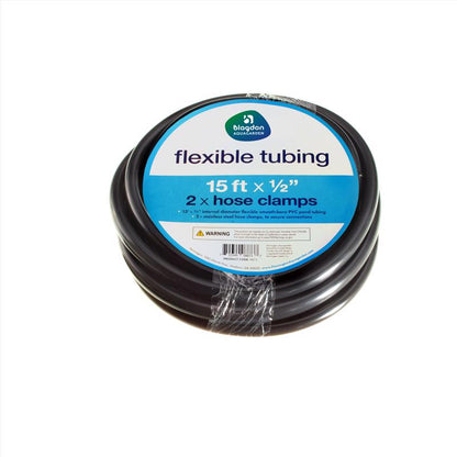 Black plastic pond tubing, 15 feet long, from Emery Jensen pond accessories, used for water filtration and pond plumbing.