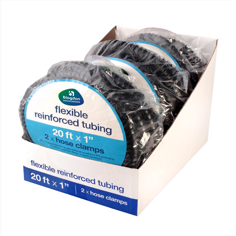 Black plastic pond tubing, 20 feet, 3-piece set by Emery Jensen, used for pond accessories and water flow connections.
