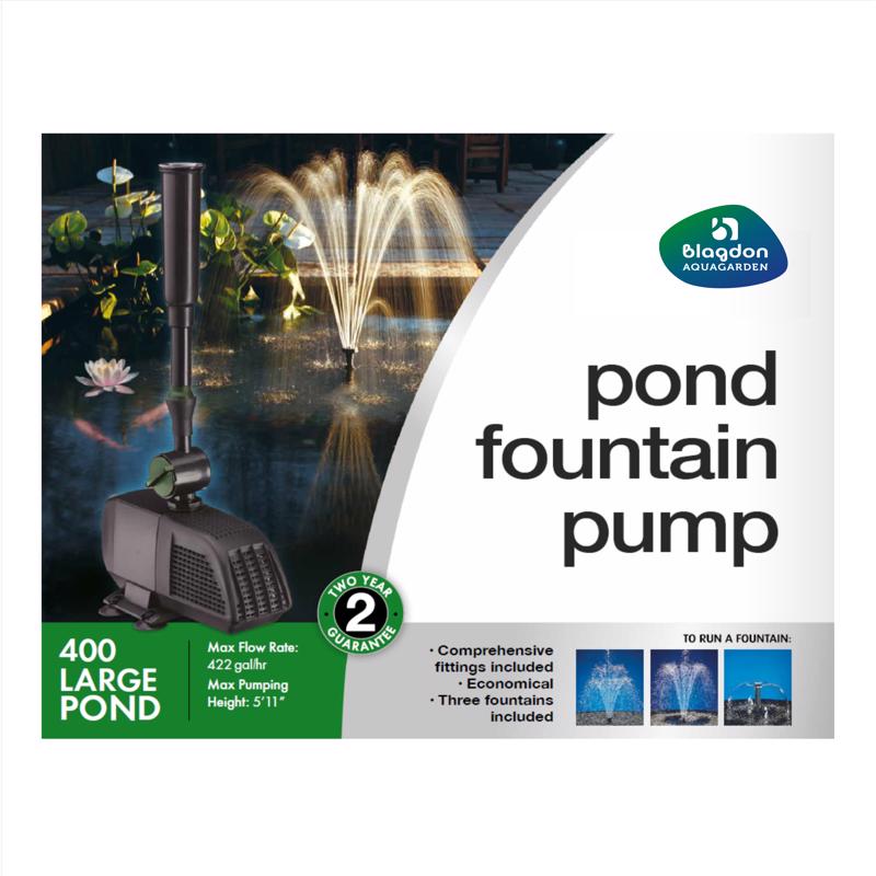 Black Emery Jensen pond and fountain pump with 400 GPH flow rate, designed for outdoor pond and fountain water circulation.