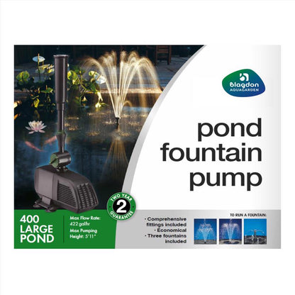 Black Emery Jensen pond and fountain pump with 400 GPH flow rate, designed for outdoor pond and fountain water circulation.