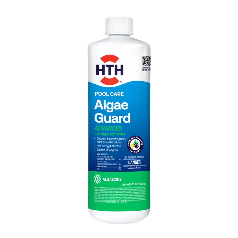 Six 32oz bottles of Emery Jensen Algae Guard Liquid Advanced pool chemicals, used for algae prevention in swimming pools.