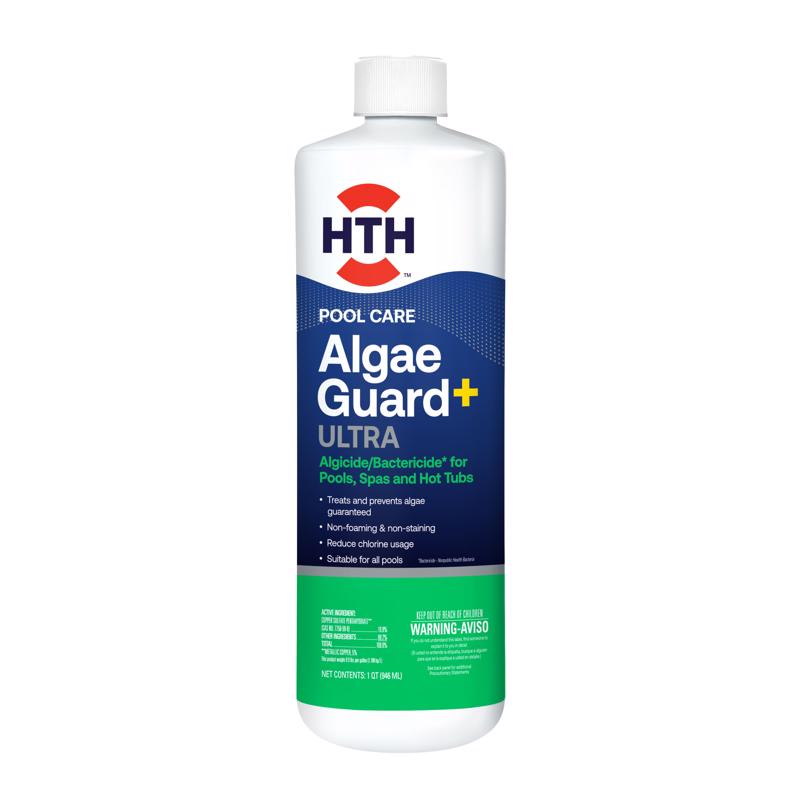 Six 32oz bottles of Emery Jensen Algae Gurd Liquid Ultr pool chemical for algae prevention in swimming pools.