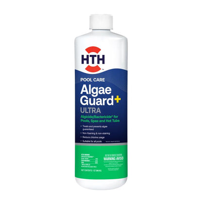 Six 32oz bottles of Emery Jensen Algae Gurd Liquid Ultr pool chemical for algae prevention in swimming pools.