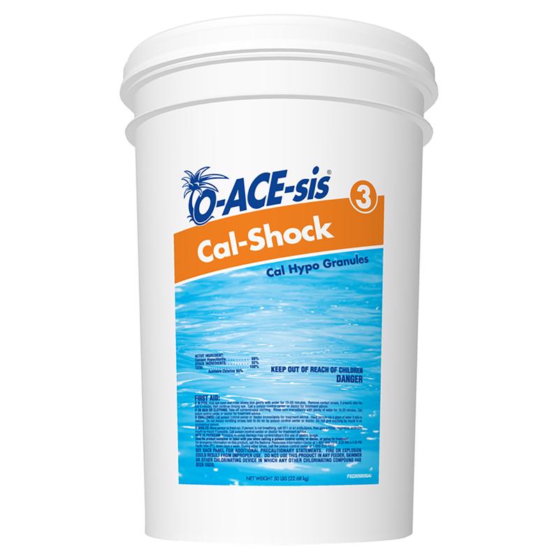 Emery Jensen Cal-Shock 50lb pool chemical container for shocking and sanitizing swimming pools.