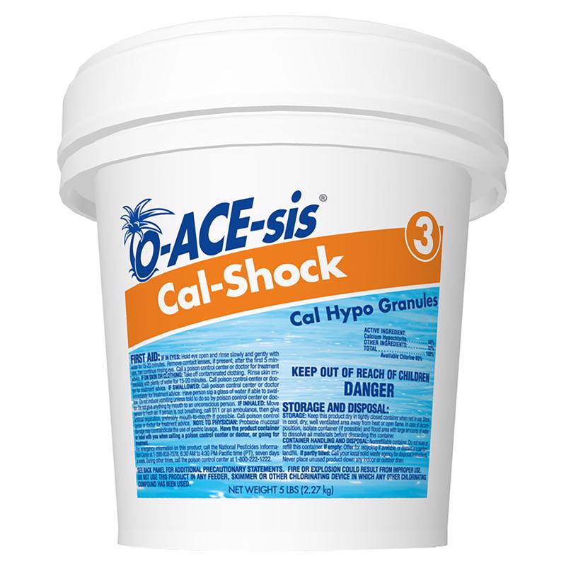 Eight 5-pound containers of Emery Jensen Cal-Shock pool chemicals for maintaining clean, clear pool water.
