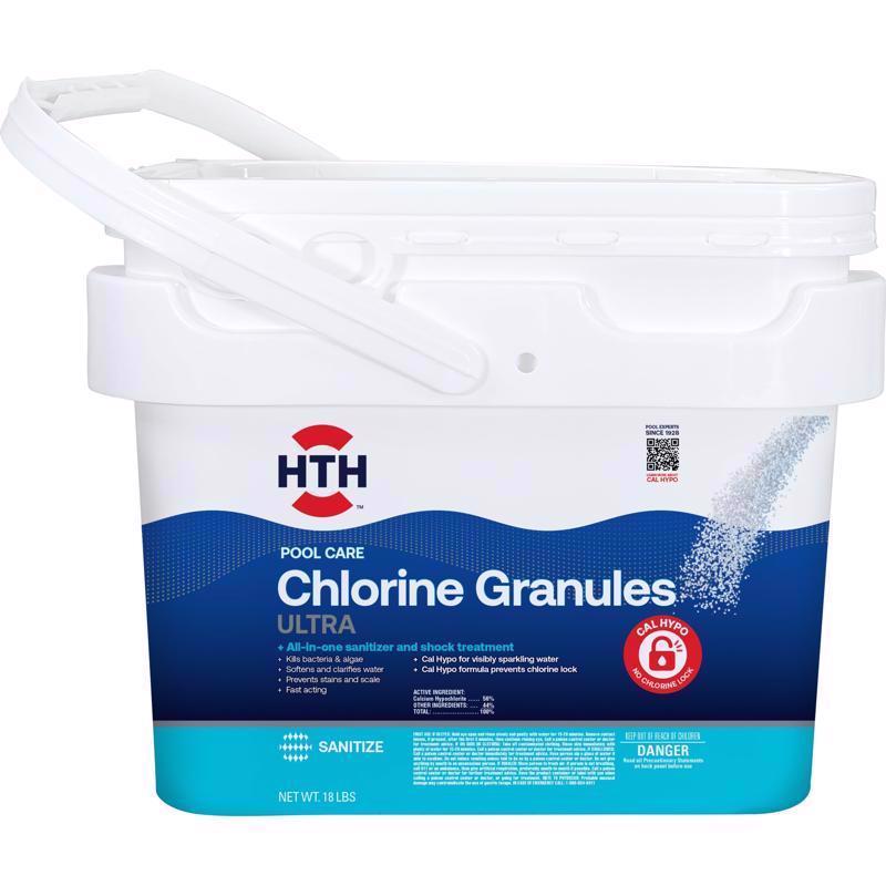 Emery Jensen Chlor Ultimt Granule pool chemical in a large 18lb container, used for maintaining clean and balanced pool water.