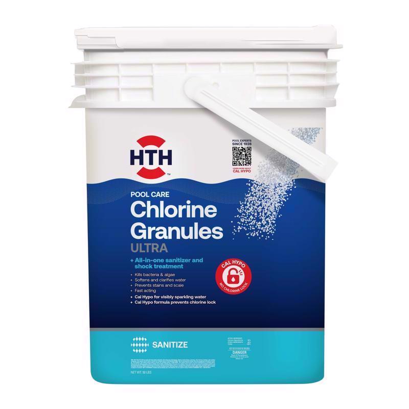 Emery Jensen chlorinating granules in a 50lb bag for pool chemicals, showing the white granular product and packaging.