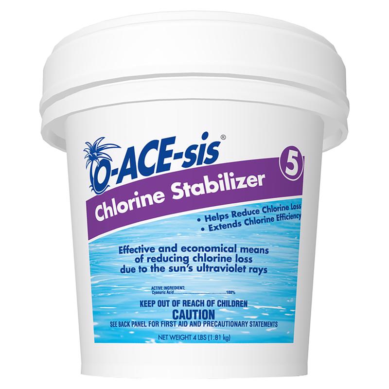 Eight 4lb bottles of Emery Jensen chlorine stabilizer for pool chemicals, shown in a pack ready for pool maintenance.