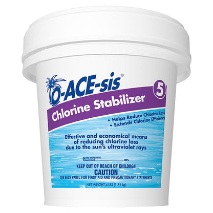 Eight 4lb bottles of Emery Jensen chlorine stabilizer for pool chemicals, shown in a pack ready for pool maintenance.