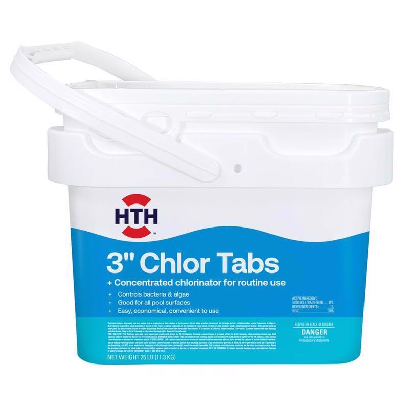 Emery Jensen pool chemicals, chlorinating chemical tablets, 25-pound container for pool sanitation and water treatment.