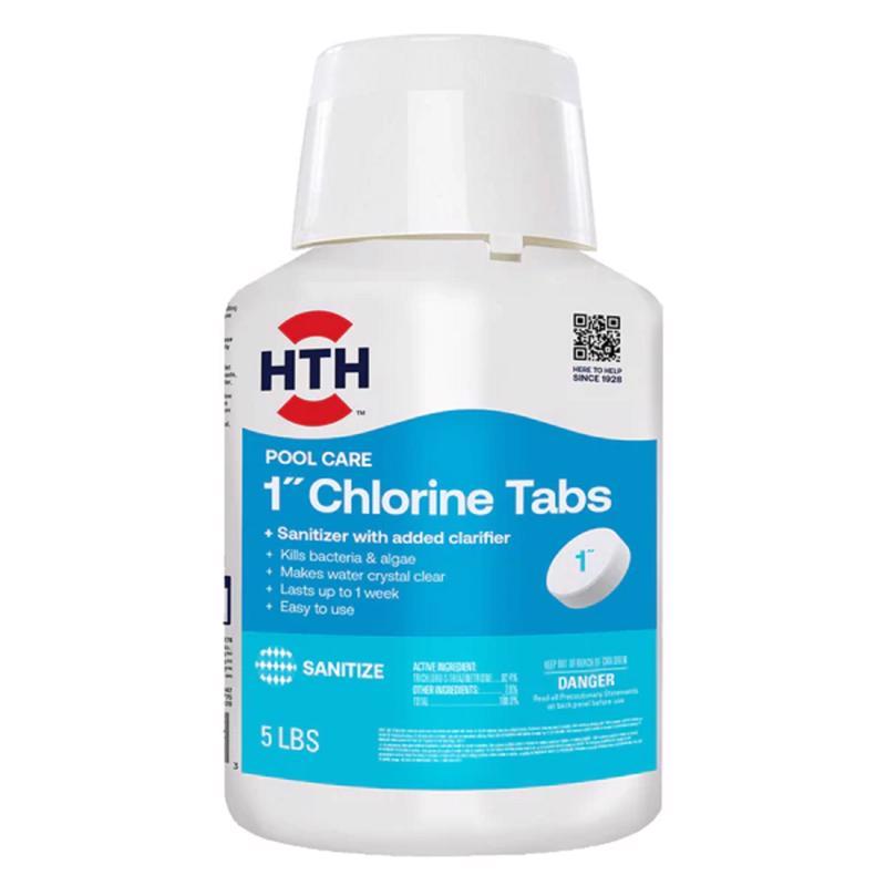 Emery Jensen HTH Pool Chlorine Tablets 1-inch, 5-pound container, pool chemicals for sanitizing and maintaining clean water.