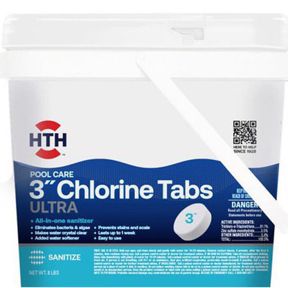 Emery Jensen HTH Ultra 3-inch Chlorine Tabs for pools, 8lb container of pool chemicals with chlorine tablets in a blue bucket.
