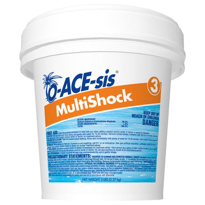 Emery Jensen Multi Shock 5lb pool chemical container with label, used for maintaining clean and balanced pool water.