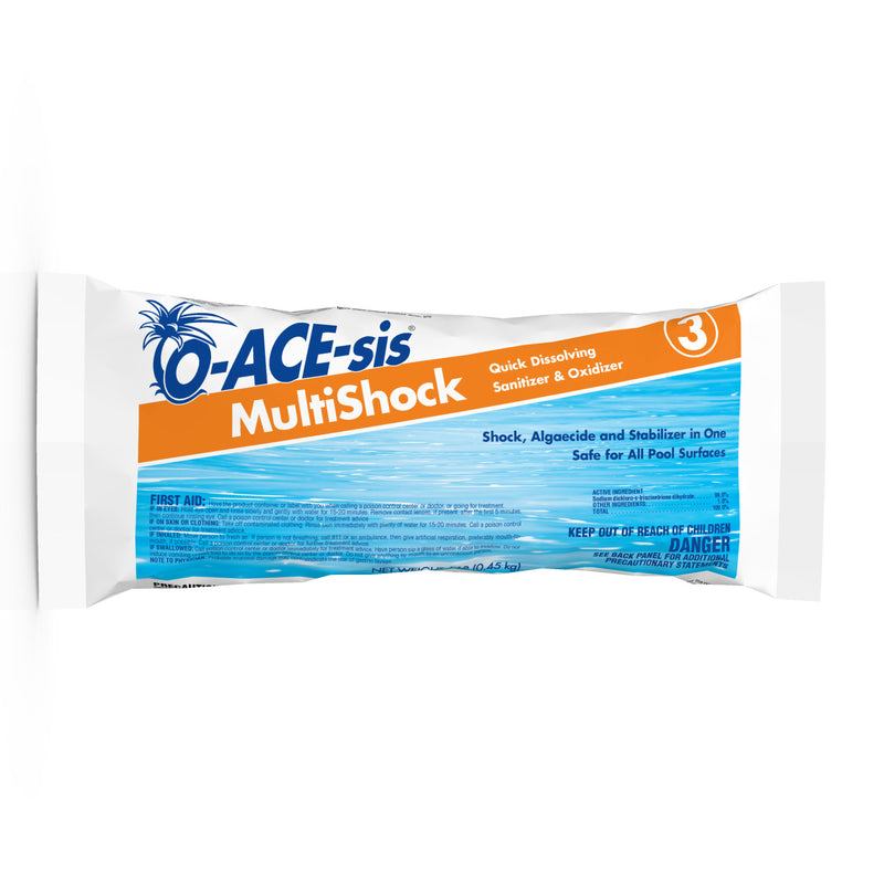 Emery Jensen Multishock pool chemicals in 1 lb bags, pack of 12, for pool sanitizing and algae control