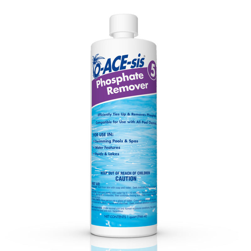 Emery Jensen phosphate remover pool chemicals, 1-quart bottles, pack of 12, used for maintaining clean, balanced pool water.