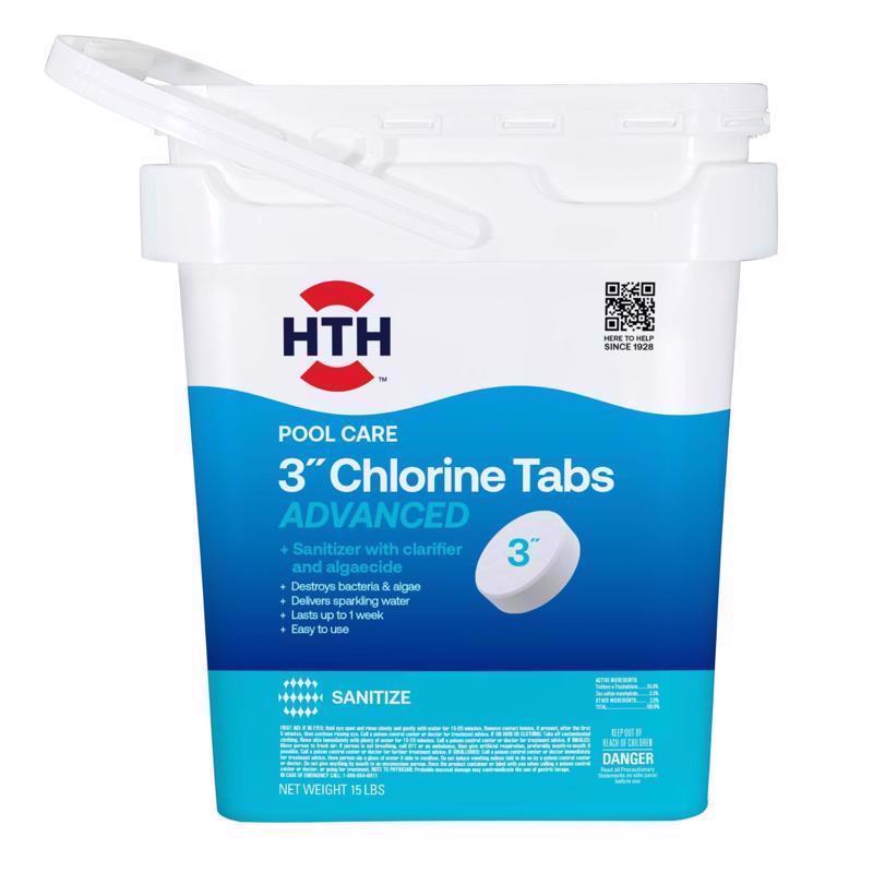 Emery Jensen pool chemicals, 15-pound container of 3-inch chlorine tablets for swimming pool disinfection.