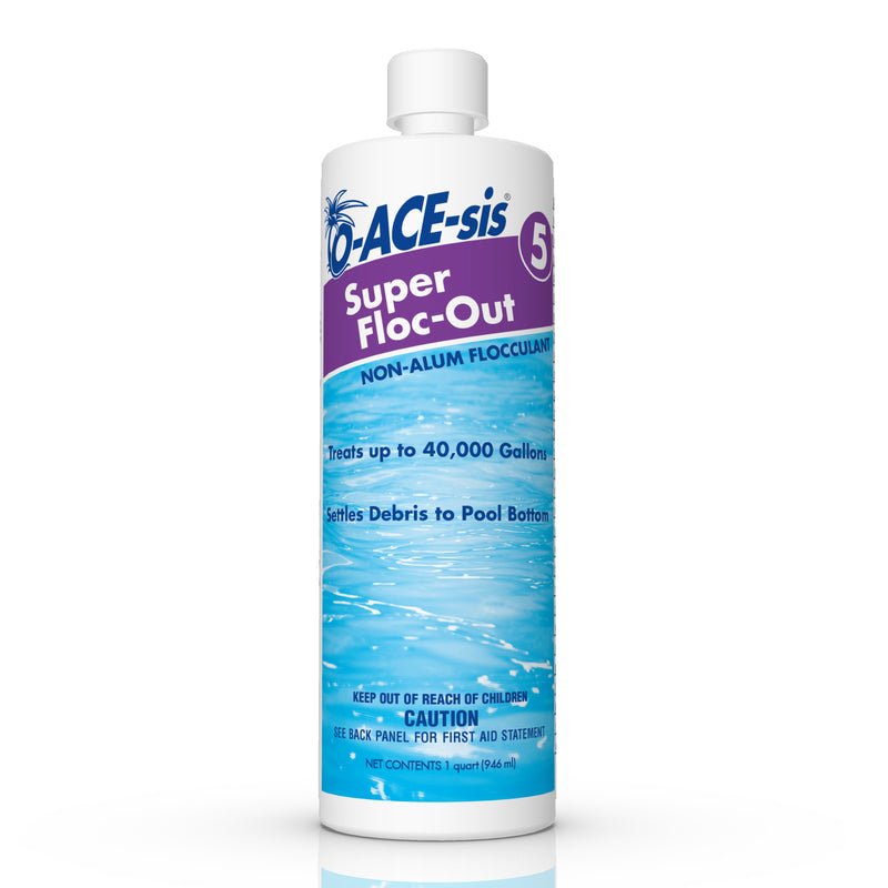 Emery Jensen Super Floc Out pool chemicals in 1-quart bottles, pack of 12, used for clarifying and clearing swimming pool water.