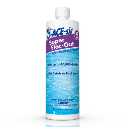 Emery Jensen Super Floc Out pool chemicals in 1-quart bottles, pack of 12, used for clarifying and clearing swimming pool water.