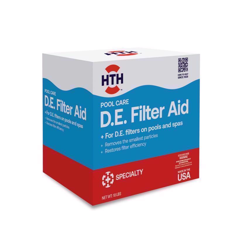 Emery Jensen HTH DE Filter Aid 10lb for pool maintenance, white powder in a bag for enhancing pool filter performance.