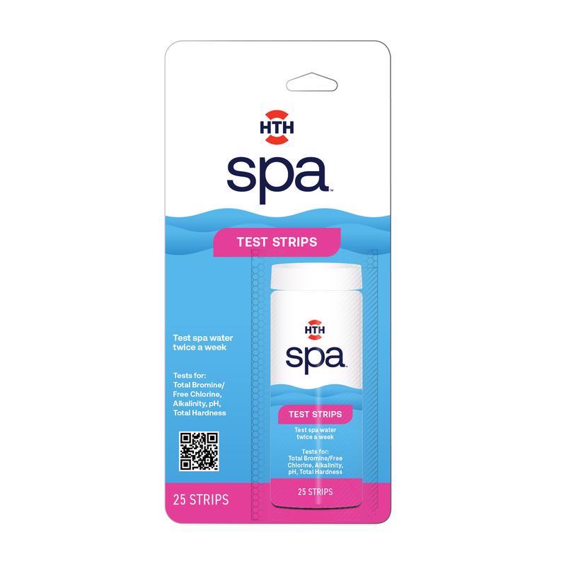 Emery Jensen HTH SPA test strips, 25 count pack, for pool water testing and maintenance, with color indicator bottles.