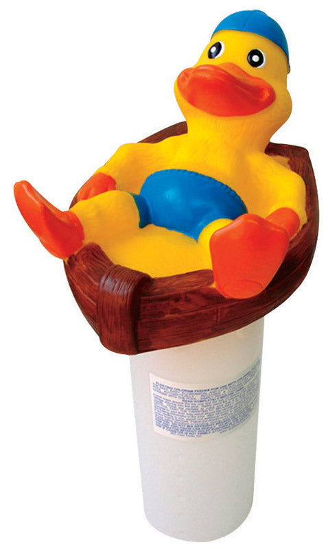 Emery Jensen pool floater duckling used as pool maintenance accessory, featuring a cute yellow duck design for pool safety and cleaning.