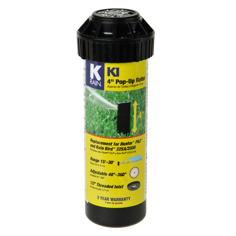 Emery Jensen pop-up rotor K1 adjustable 4-inch pop-up unit for sprinkler systems, shown in a garden setting.
