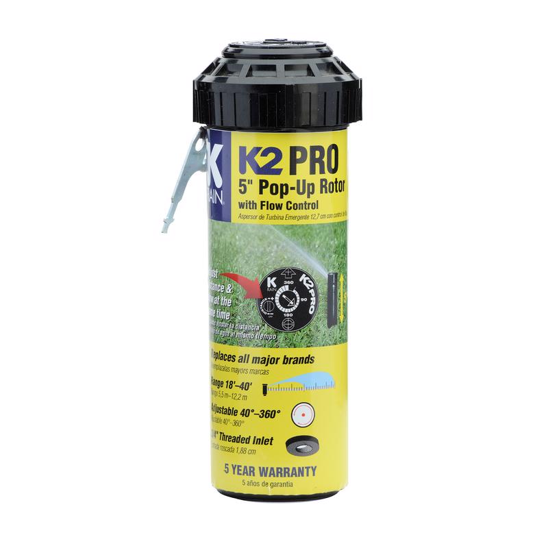 Emery Jensen K2Pro ADJ5 pop-up rotor unit for irrigation systems, shown in a close-up view with adjustable nozzle and green casing.