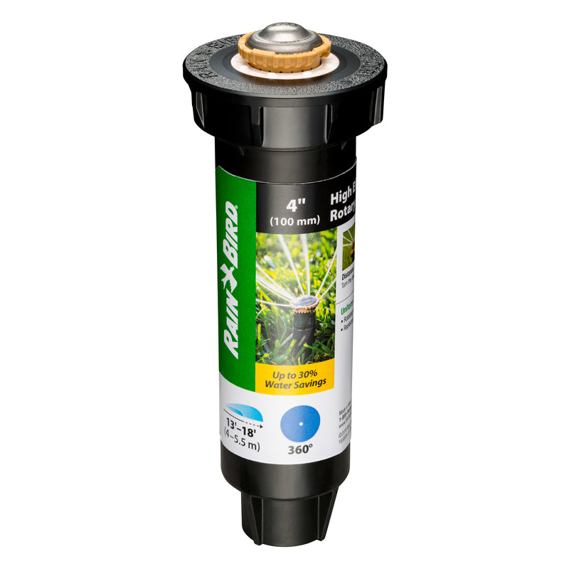Emery Jensen popup rotor for units, 13-18 feet, 4-inch diameter, outdoor sprinkler component with adjustable spray head.