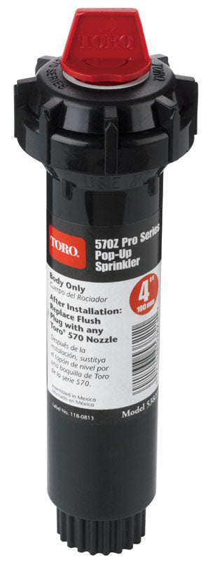 Emery Jensen SPRINKL POPUP4" Body Toro irrigation pop-up unit, visible with black nozzle and sturdy base for sprinkler systems.