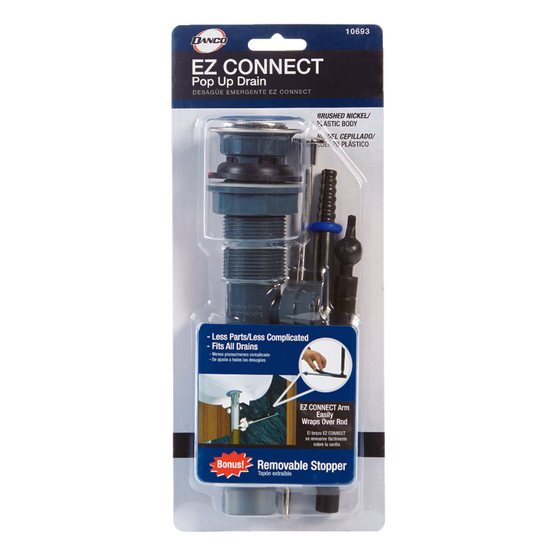 Emery Jensen lavatory drain pop-up assembly with 1-1/4-inch plastic drain fitting, designed for bathroom sinks.