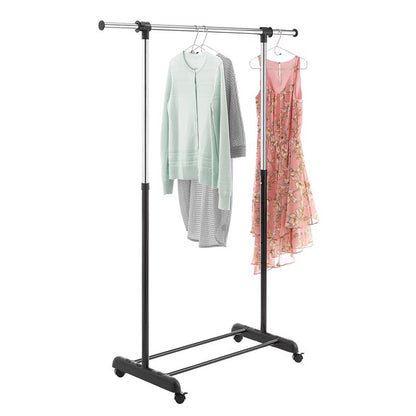 Emery Jensen portable garment rack, adjustable to 64.5 inches, with metal frame and hanging bars for clothing storage.