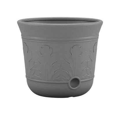 Decorative resin hose pot for portable hose reels by Emery Jensen, ideal for garden or outdoor storage.