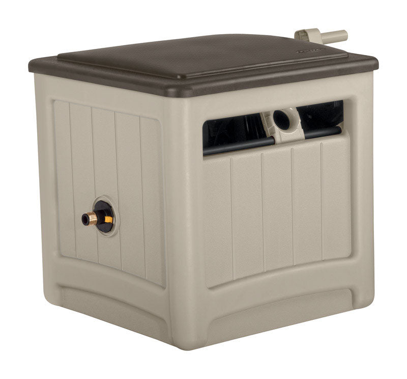 Emery Jensen portable hose reel cabinet in brown, 225ft length, designed for easy storage and transport of garden hoses.