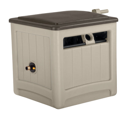 Emery Jensen portable hose reel cabinet in brown, 225ft length, designed for easy storage and transport of garden hoses.