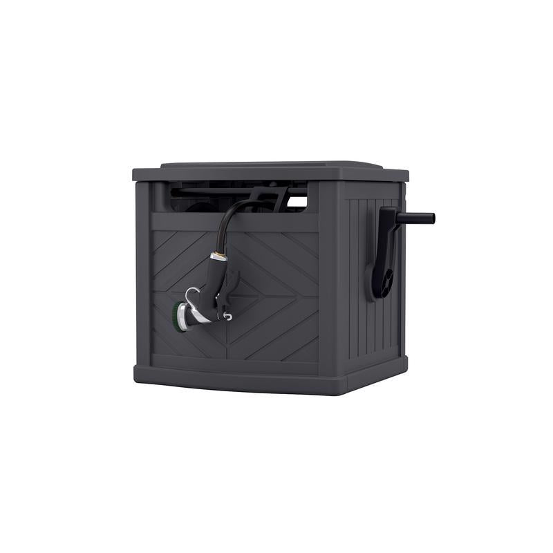 Emery Jensen portable hose reel in gray, 150-foot capacity, with a compact, easy-to-carry design for garden watering.