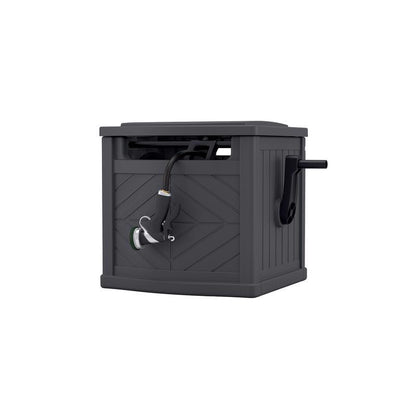 Emery Jensen portable hose reel in gray, 150-foot capacity, with a compact, easy-to-carry design for garden watering.