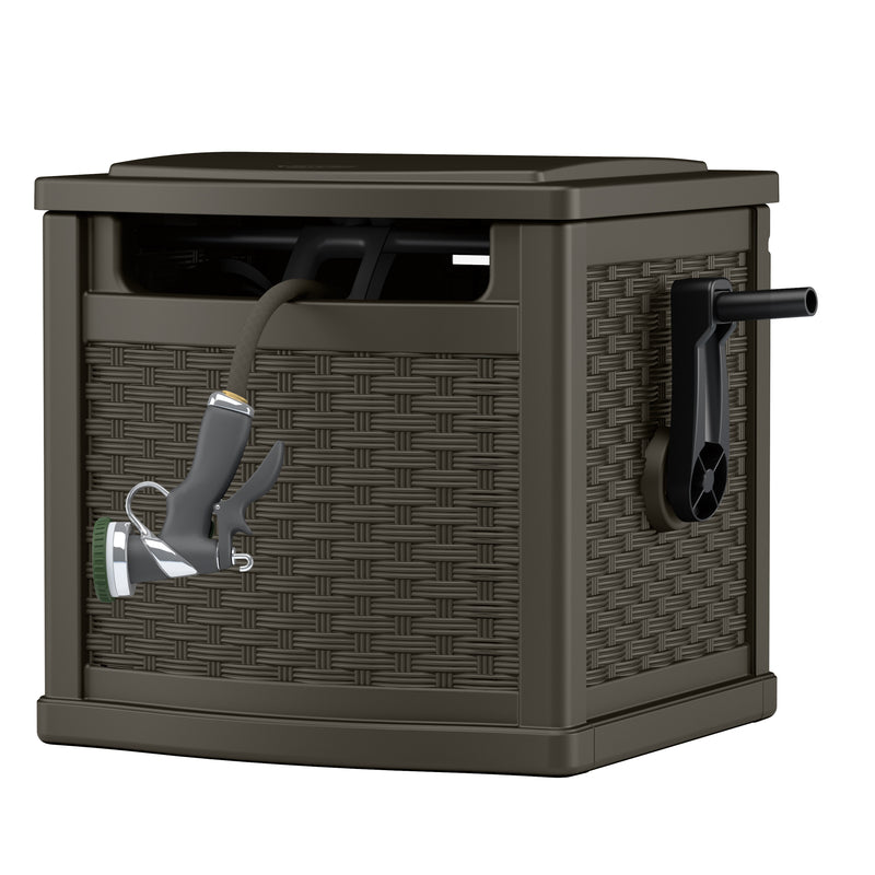 Emery Jensen portable hose reel Hideaway 150' for garden watering, compact and easy to transport with a durable design.