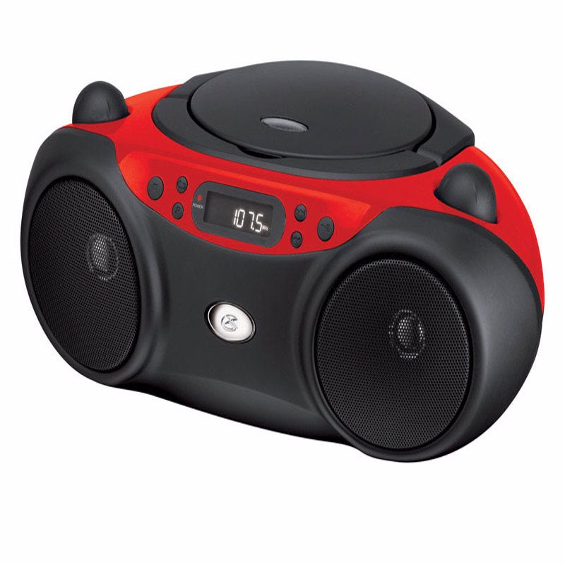 Emery Jensen portable radio boombox with built-in CD player, black compact design, and control panel with buttons and display screen.