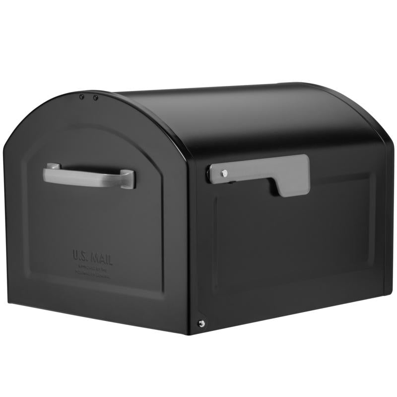 Black Centennial mailbox by Emery Jensen, post-mounted design with a sleek, modern look for residential mail delivery.