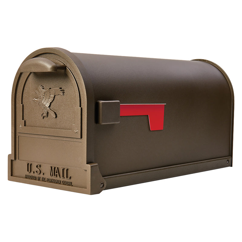 Emery Jensen Arlington bronze post-mounted mailbox with a traditional design and a front door for secure mail delivery.