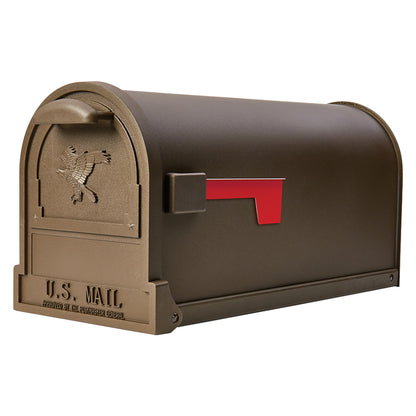 Emery Jensen Arlington bronze post-mounted mailbox with a traditional design and a front door for secure mail delivery.
