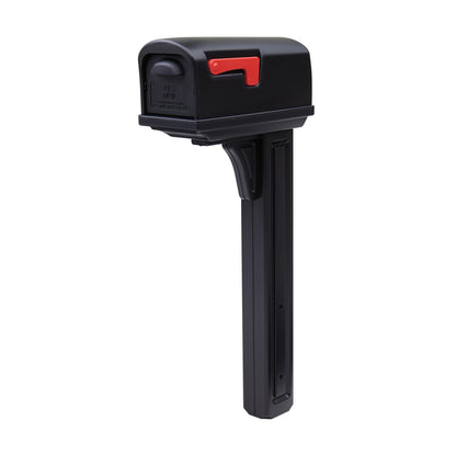 Post-mounted Emery Jensen Classic Combo BL mailbox with black finish and traditional design, mounted on a wooden post.