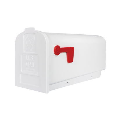 White poly mailbox by Emery Jensen, post-mounted design, #1 size, suitable for residential mail delivery, shown in outdoor setting.