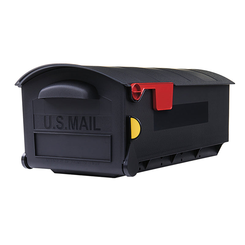 Black Emery Jensen post-mounted mailbox model RoughNCK in large size, designed for outdoor installation.