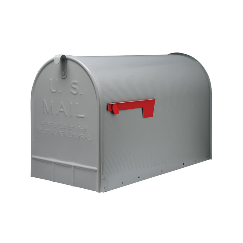 Silver Emery Jensen Mailbox Rural #3 post-mounted mailbox with a traditional design for outdoor installation.