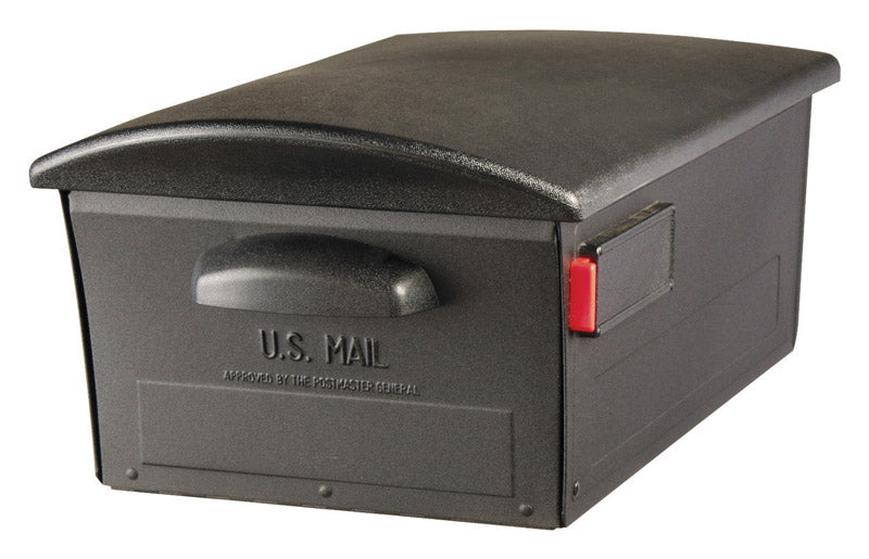 Emery Jensen rural C2 lock mailbox mounted on a post, with a black finish and secure locking feature.