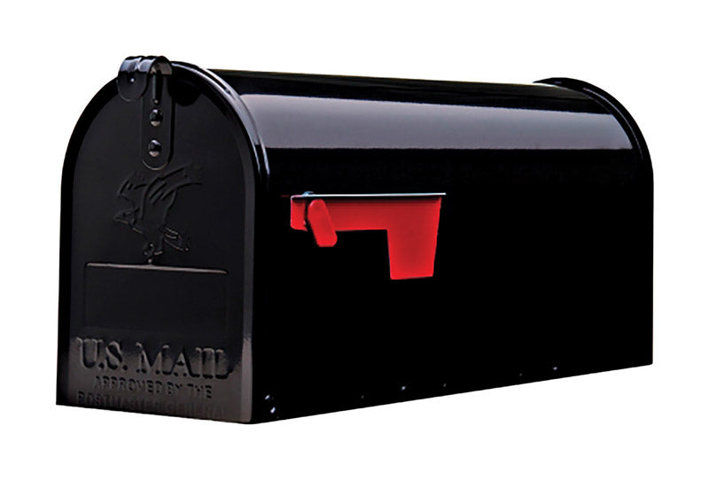 Post-mounted rural mailbox T1ELITE BL by Emery Jensen, black metal mailbox with a secure locking door and decorative design.