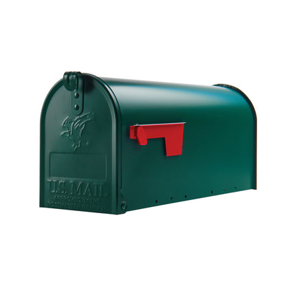 Post-mounted rural mailbox T1ELITE GR by Emery Jensen, featuring a sturdy design with a front door and mail slot.